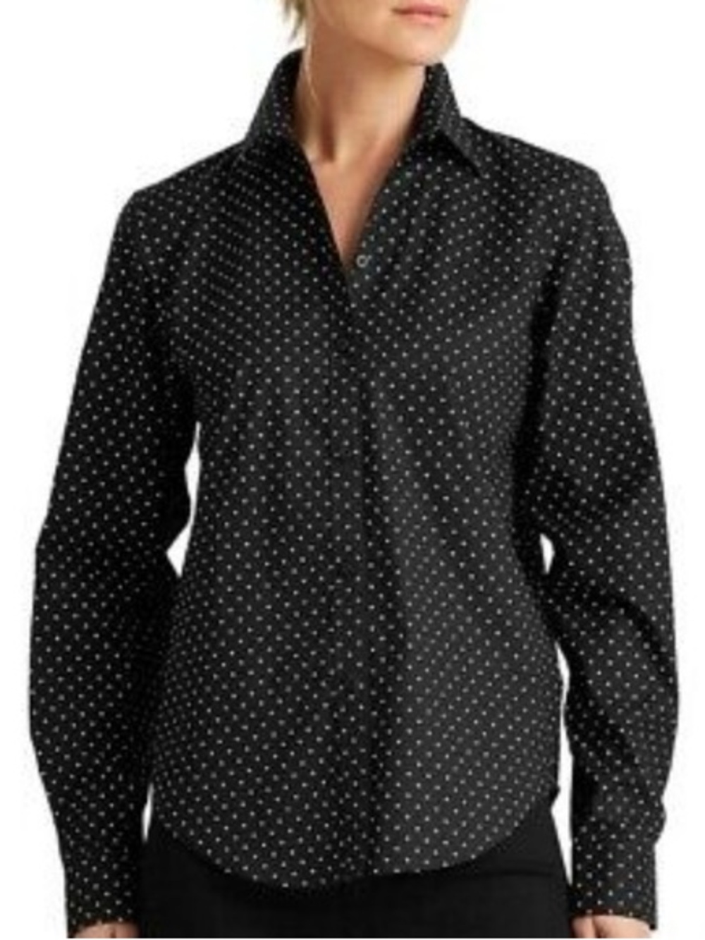 Ralph Lauren Black White Polka Dot Non-Iron Button Down Blouse Classic Size L